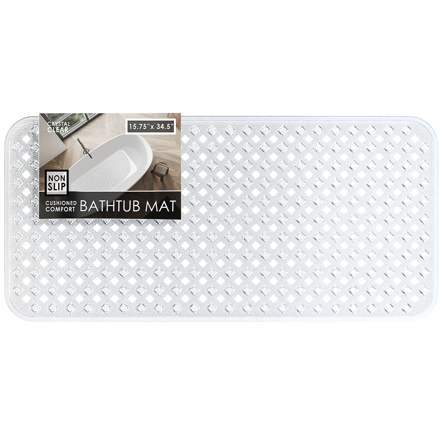Virtu Non-Slip Mold Resistant Bathtub Mat with Suction Cups and Drain Holes, Heavy Duty Shower Mat, Clear