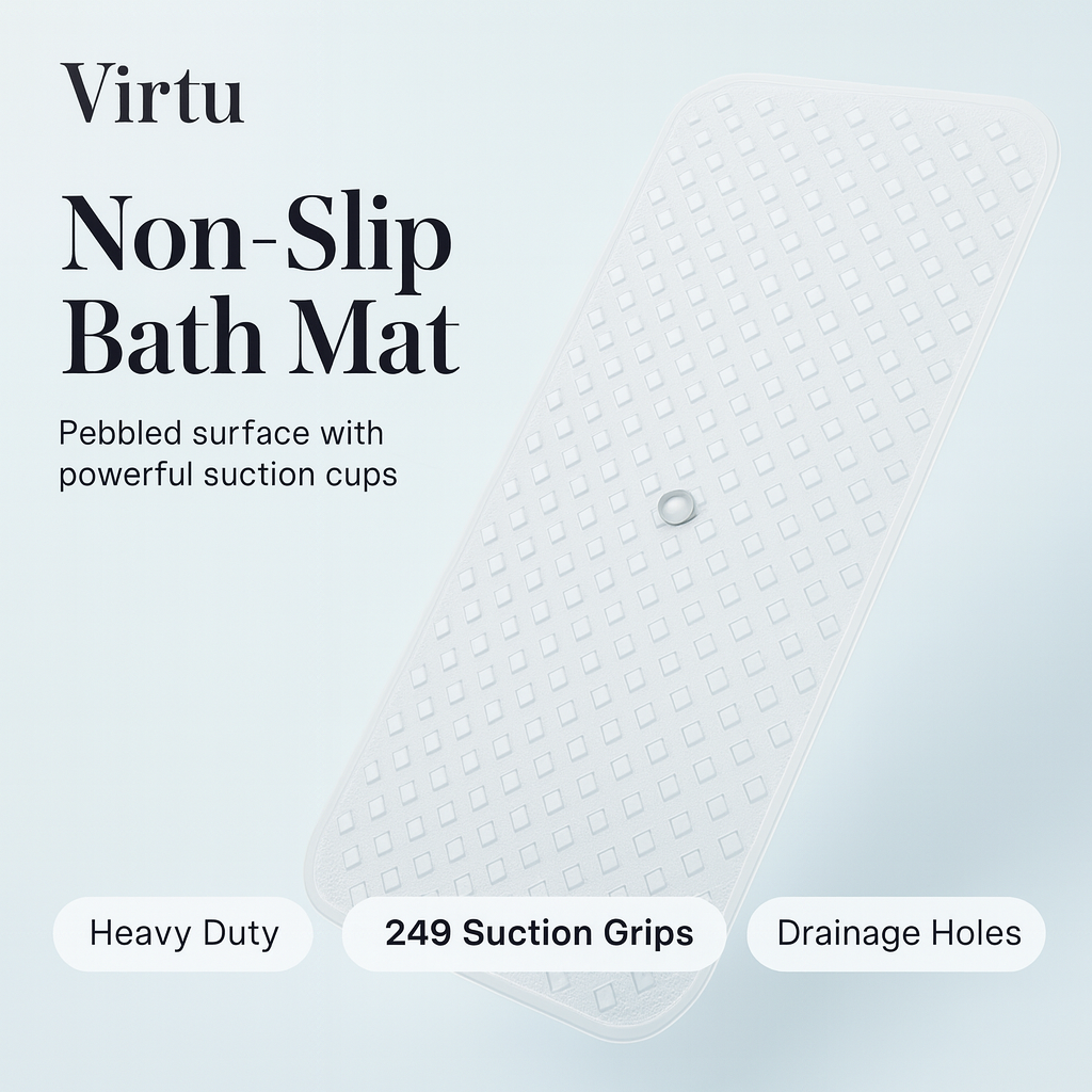 Virtu Non-Slip Mold Resistant Bathtub Mat with Suction Cups and Drain Holes, Heavy Duty Shower Mat, Clear