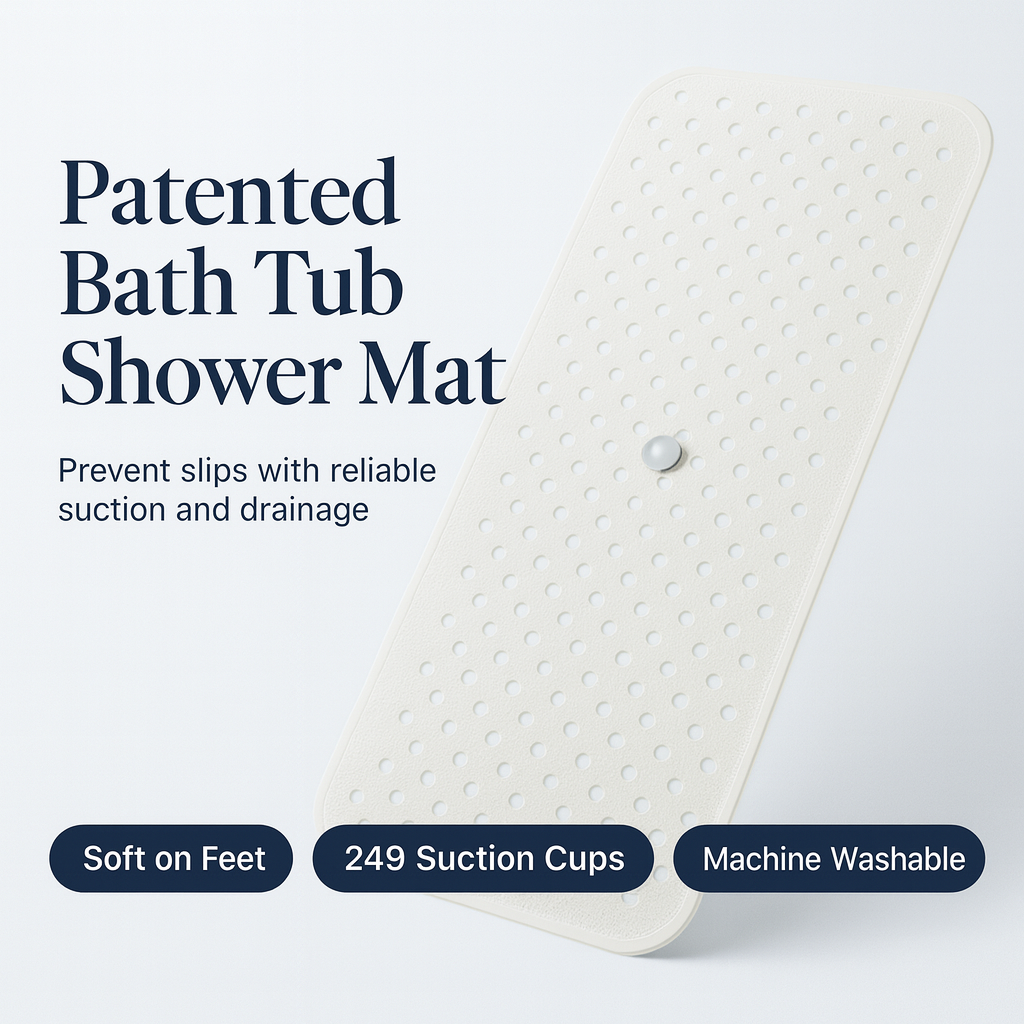 Patented Bath Tub Shower Mat, Machine Washable Bathtub Floor Liner Mats, Suction Cups and Drain Holes to Keep Tubs Clean, Soft on Feet, Bathroom Essentials