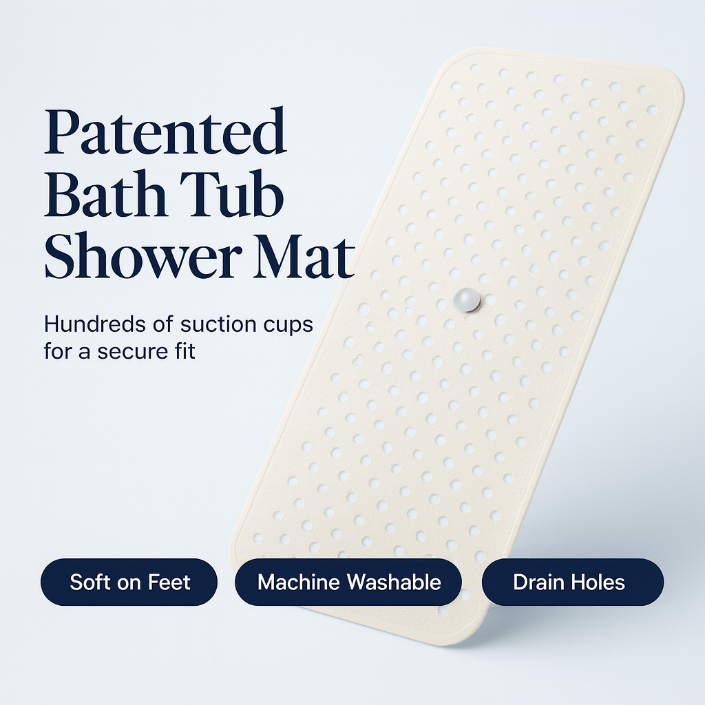 Patented Bath Tub Shower Mat, Machine Washable Bathtub Floor Liner Mats, Suction Cups and Drain Holes to Keep Tubs Clean, Soft on Feet, Bathroom Essentials